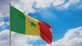 Senegal country national flag waving on blue sky background. 3d render video footage