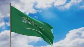 Saudi Arabia country national flag waving on blue sky background. 3d render video footage