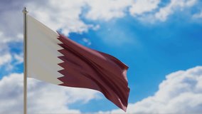 Qatar country national flag waving on blue sky background. 3d render video footage