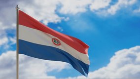 Paraguay country national flag waving on blue sky background. 3d render video footage