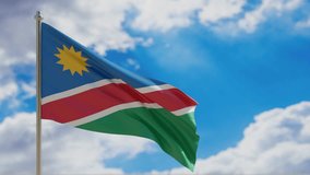 Namibia country national flag waving on blue sky background. 3d render video footage