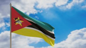 Mozambique country national flag waving on blue sky background. 3d render video footage