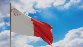 Malta country national flag waving on blue sky background. 3d render video footage