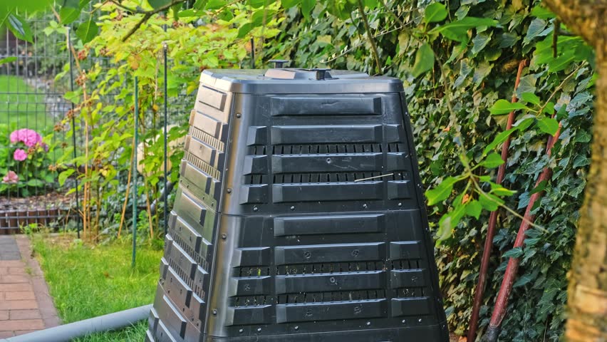 Plastic Compost Bin for Household Organic Waste from Vegetables and Food Leftovers Collected for Production of Natural Fertilizer for Garden Soil Royalty-Free Stock Footage #1107688975