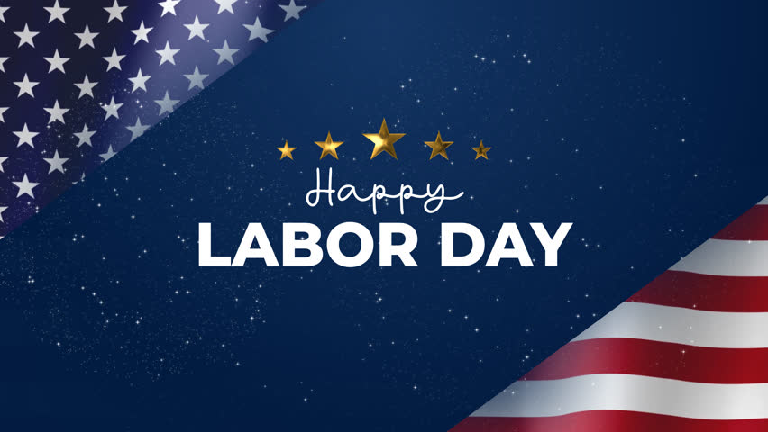 Happy Labor Day Text Animation with waving USA flag and fireworks. Great for greeting card celebrating Labor day. Happy Labor day United States of America.