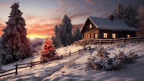 Cozy snow covered wooden house among snowy forest high in snowy alpine mountains on winter night during snowfall. High angle 3D animation, rendered in 4K - Powered by Shutterstock - Get 15% off with code: PIKWIZARD15