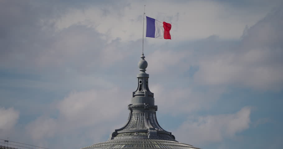 French flag, waving in the wind, France flag on a blue sky, tall flagpole, national symbol of France, Paris