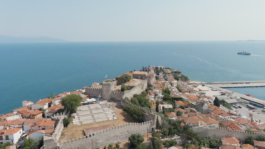 Kavala, Greece. Kavala Fortress. The ferry leaves the port. Historic city center. Summer, Aerial View
