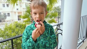 6 years boy eating red strawberry with cream. 4k video footage
