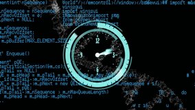 Animation of neon ticking clock, data processing and spinning dna structure against black background. Medical research and science technology concept - Powered by Shutterstock - Get 15% off with code: PIKWIZARD15