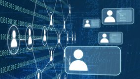 Animation of network of profile icons, binary coding and data processing against blue background. Global networking and business technology concept - Powered by Shutterstock - Get 15% off with code: PIKWIZARD15