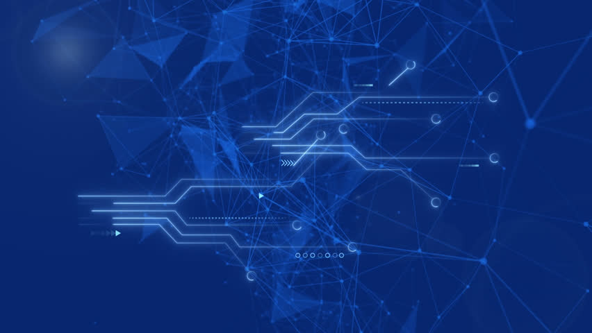 Animation of microprocessor connections and plexus networks against blue background. Global networking and business technology concept
