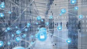 Animation of network of digital icons, binary coding, microprocessor connections against server room. Global networking and business data storage technology concept - Powered by Shutterstock - Get 15% off with code: PIKWIZARD15