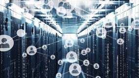 Animation of network of profile icons, mosaic squares and binary coding against computer server room. Global networking and business data storage technology concept - Powered by Shutterstock - Get 15% off with code: PIKWIZARD15