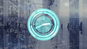 Animation of neon ticking clock and data processing against computer server room. Computer interface and business data storage technology concept - Powered by Shutterstock - Get 15% off with code: PIKWIZARD15