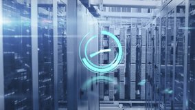 Animation of neon ticking clock, light spot and mosaic squares against computer server room. Computer interface and business data storage technology concept - Powered by Shutterstock - Get 15% off with code: PIKWIZARD15