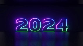 2024 Happy New Year colorful neon laser text animation. Digital New Year numbers isolated on black background. Glowing neon Congratulation Happy New Year 2024. Looping video. 4k 3d animation