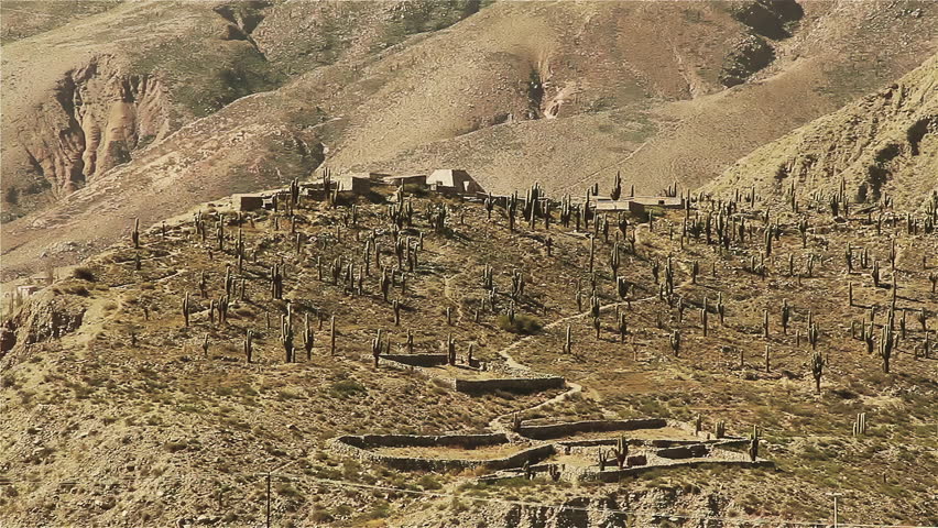 View of the Pucara de Tilcara, A pre-Inca Fortification Ruins, Argentina, Jujuy province, Quebrada de Humahuaca listed as World Heritage by UNESCO. 4K Resolution.