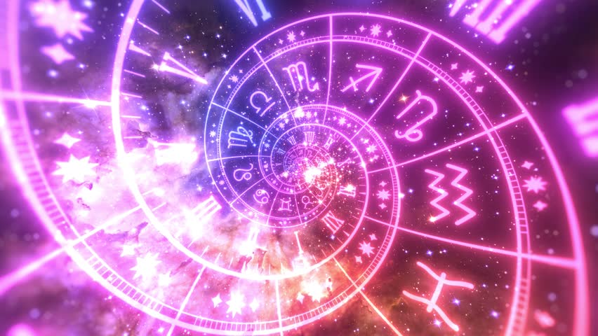 Zodiac spiral and signs of the zodiac in space. Astrology, horoscopes and prediction of the future concept. Animation in yellow color. Seamless loop. Elements of this footage. 3D Illustration