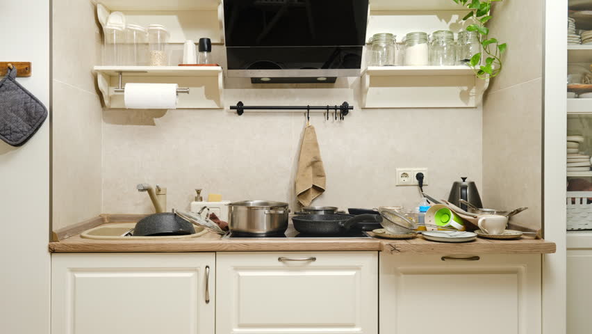 Home kitchen before and after cleaning dirty dishes, stop motion. Cluttered home room in the house and organization of order Royalty-Free Stock Footage #1107727397