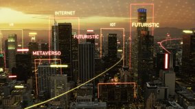 Aerial View of Futuristic High Tech Smart City. Metaverse, 5G, Artificial Intelligence, Augmented Reality, IOT, NFT. - Powered by Shutterstock - Get 15% off with code: PIKWIZARD15