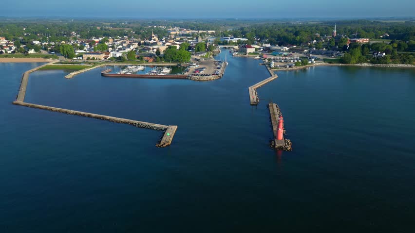 Beautiful Great Lakes harbor town, Algoma, Wisconsin, moving aerial view. 