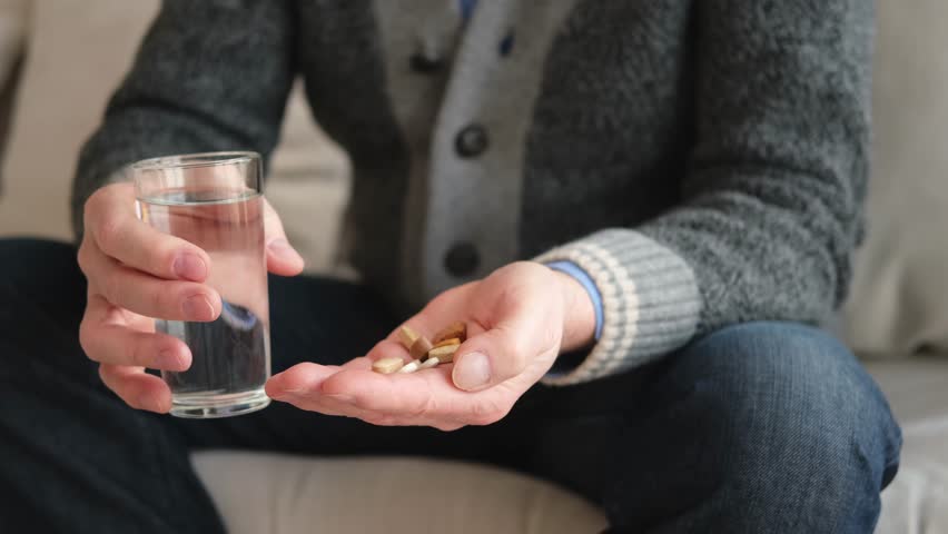 Hands with pills. Senior man hands holding medical pill and glass of water. Mature old senior grandfather taking medication cure pills vitamin. Age prescription medicine healthcare therapy concept Royalty-Free Stock Footage #1107733061