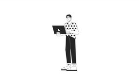 Young adult asian man working on laptop bw outline 2D character animation. Freelancer monochrome linear cartoon 4K video. Korean guy typing on notebook animated person isolated on white background