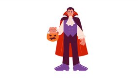 Male vampire holding candy bucket cartoon animation. Helloween dracula asking for candies 4K video motion graphic. Halloween party adult 2D color animated character isolated on white background