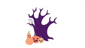 Halloween tree with scary pumpkins 2D animation. Spooky forest with rising full moon 4K video motion graphic. Creepy woods on Helloween night color animated cartoon flat concept, white background