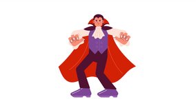 Male vampire scaring away cartoon animation. Dracula trick-or-treating. Halloween party adult 4K video motion graphic. Vampire cosplay 2D color animated character isolated on white background