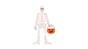 Happy halloween skeleton cartoon animation. Spooky dead holding candies basket 4K video motion graphic. Helloween party adult candy bucket 2D color animated character isolated on white background