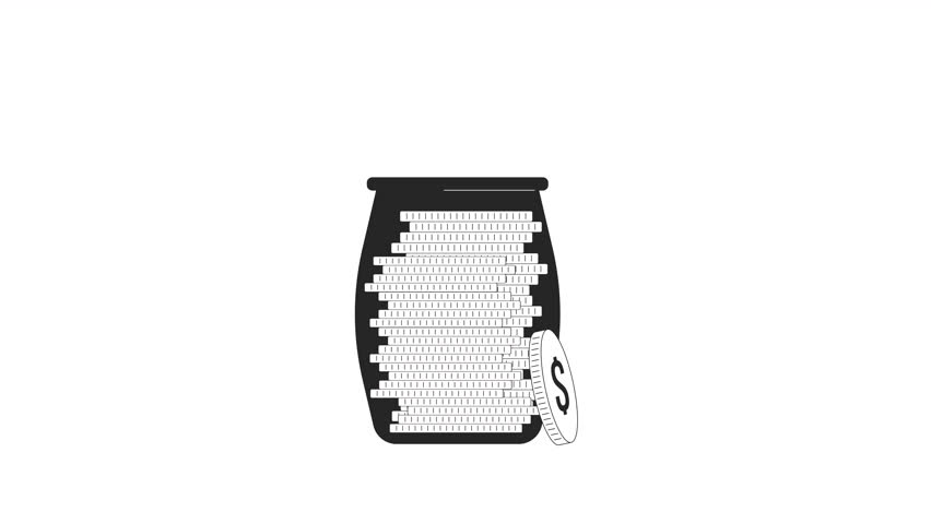 Saving coin jar bw outline 2D object animation. Money grow investment monochrome linear cartoon 4K video. Monetary growth. Stack of coins in glassware animated icon isolated on white background