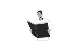 African american man holding book bw outline 2D character animation. Reading book monochrome linear cartoon 4K video. Eyeglasses guy in collared shirt animated person isolated on white background