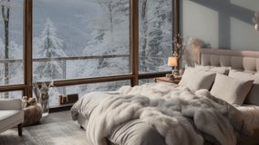 Cozy modern bedroom with a large bed and a window with a beautiful view of the forest, with snow outside the window - Powered by Shutterstock - Get 15% off with code: PIKWIZARD15