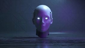 Futuristic concept. The robot's ceramic head opens to reveal a metallic brain and neon eyes. Blue neon. 3d animation. 3D Illustration - Powered by Shutterstock - Get 15% off with code: PIKWIZARD15