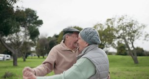 Senior couple, dancing and outdoor at a park with fun energy, happiness and love on holiday. Elderly man and woman in nature for a spin, funny adventure and celebration of retirement and freedom - Powered by Shutterstock - Get 15% off with code: PIKWIZARD15