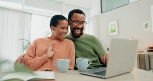 Black couple, video call and communication on laptop in home for digital chat, coffee or smile on social network. Man, woman and wave hello on computer in virtual conversation, online contact or voip