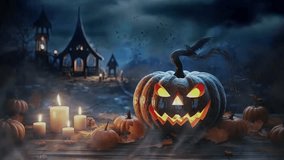 halloween night decorative with bat and moon background. seamless looping time-lapse virtual 4k video animation background.