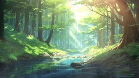 River in a serene forest, shining light, magical, fantasy, butterflies. Time-lapse virtual video animation background. 