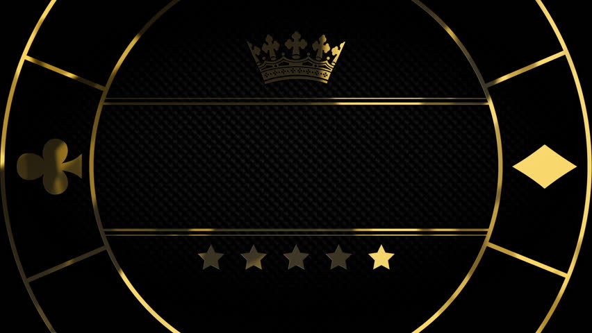 Luxury gold poker chip and crown on title border background. Black abstract text banner. Blank vip backdrop with golden frame and poker card suits. Copy space for grand casino royal logo or title text Royalty-Free Stock Footage #1107757175