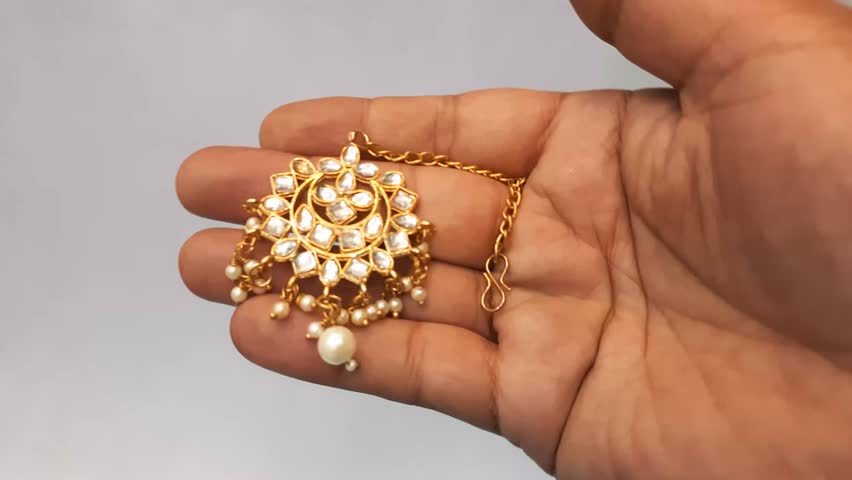 Vintage Golden pearl Multicolor Maang tika gold color rotating