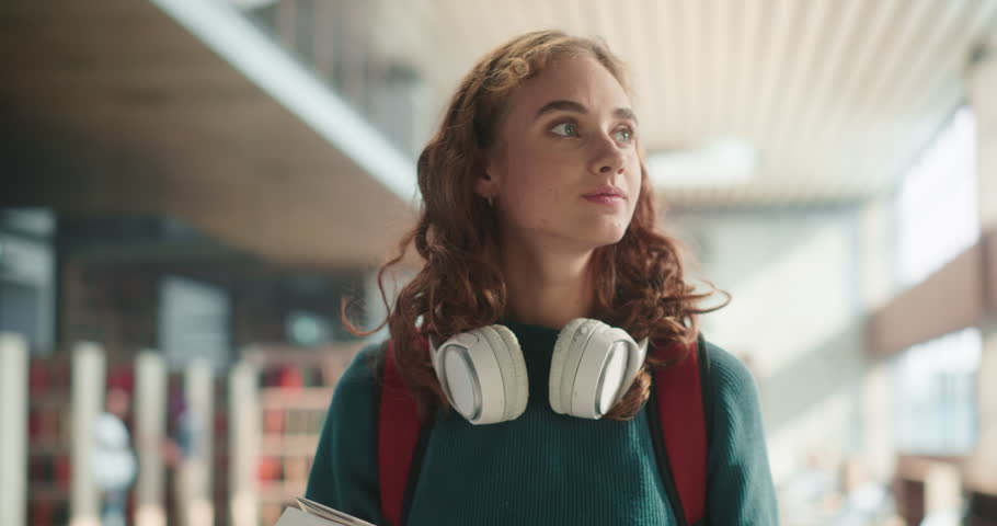Portrait of an Alternative Generation Z Female Looking at Camera, Smiling. Young Successful Student with Headphones and a Backpack is Standing in a Public Library. Education and Career Concept Royalty-Free Stock Footage #1107760471