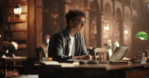 Portrait of a Handsome Student Studying in a Traditional Library. Young Male in Glasses Using Laptop Computer to Work on an University Research Project, Read Academic Papers and Essays Online วิดีโอสต็อก
