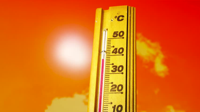 Hot summer, the thermometer displays a high heatwave temperature of 38 - 47 degrees Celsius. Extreme weather conditions caused by global climate change on Earth. Royalty-Free Stock Footage #1107762409