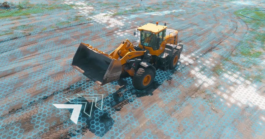 Construction visualization with artificial intelligence. Smart bulldozer at the construction site. Smart building concept.