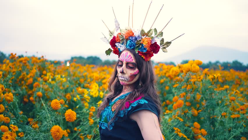 Woman with Mexico Catrina makeup in flower field, serious woman in traditional costume and headwear wearing, standing on field among blooming marigold flowers while looking away. Day of death. | Shutterstock HD Video #1107764111