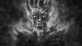 Scary demon vampire screams furiously. 2D animation in horror fantasy genre. Evil monster character. Animated short video art. VJ loops and music clip. Gloomy nightmares. Black and white background.