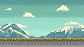 Pixel art animation of background with snow capped mountains. Animated 8 bit landscape with moving clouds.