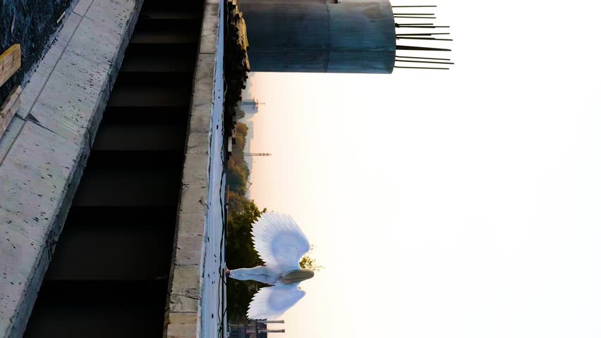 Woman in a white dress raises angel wings up. Young beautiful fantasy woman fallen angel. Aerial vertical, vertical video background.